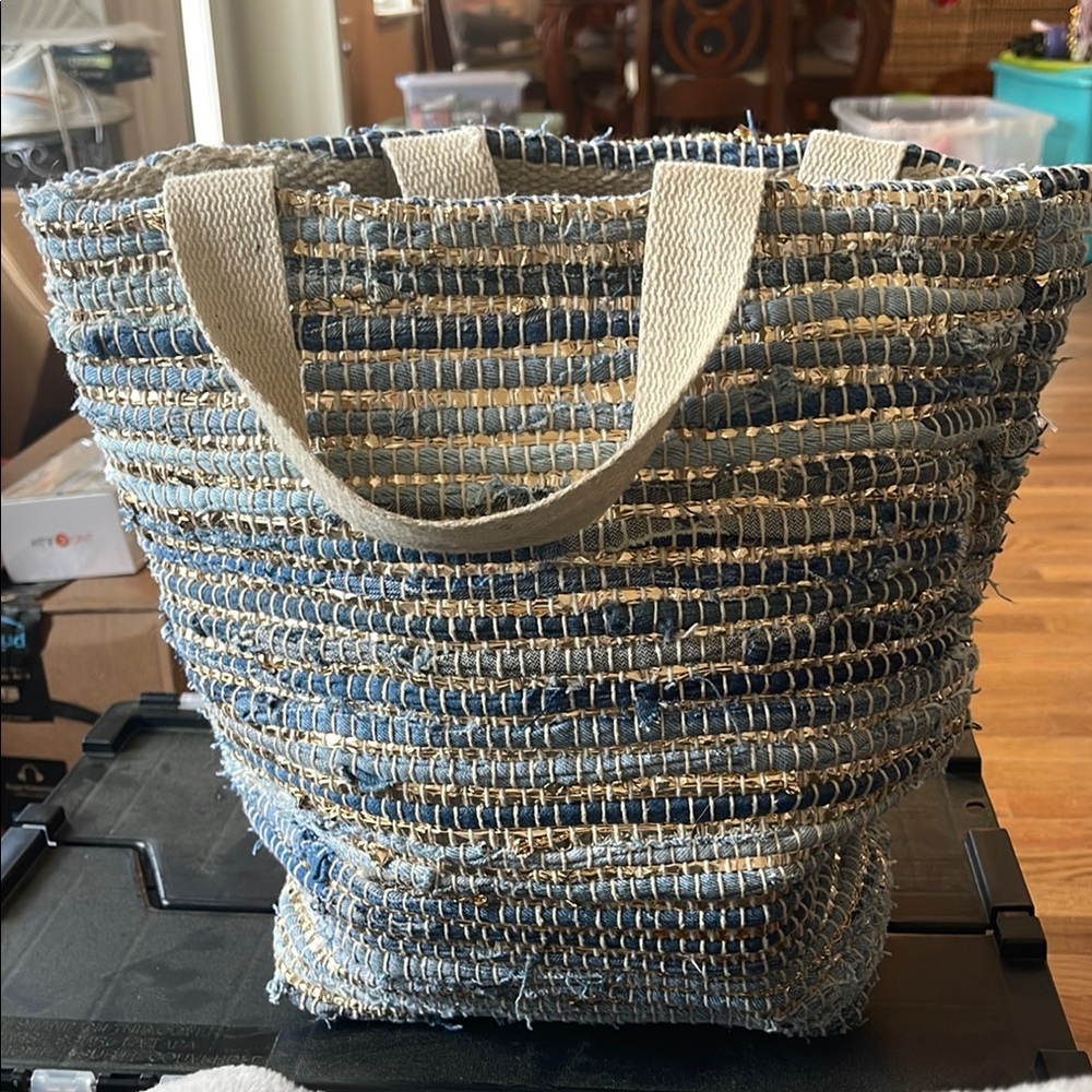 Blue and Tan Woven Tote Bag